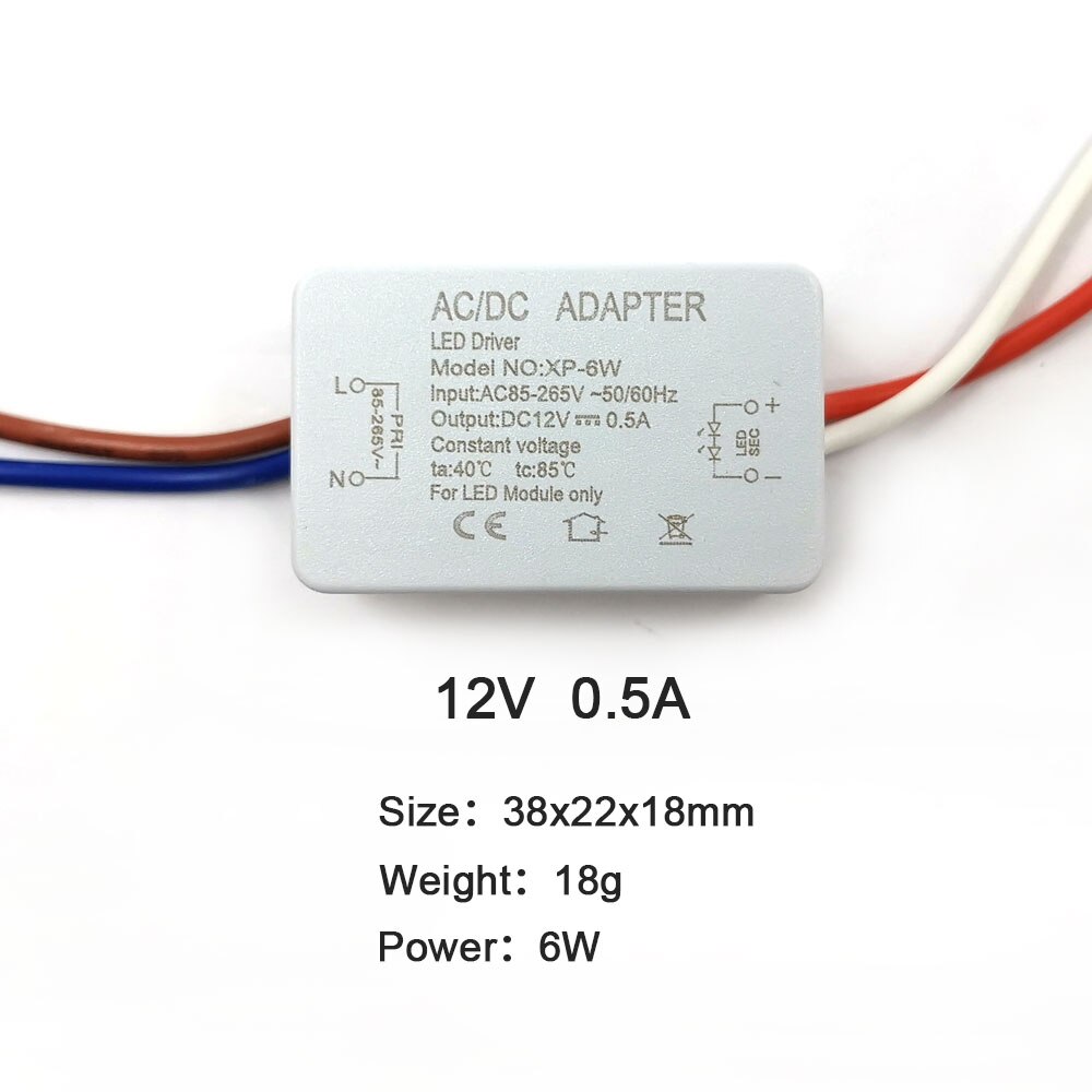 12V Power Supply Transformer 0.5A 1A 2A 3A 4A 5A 6A LED Driver Converter for COB Light LED Strip AC 220V to DC12V Small Size: 12V  0.5A  6W