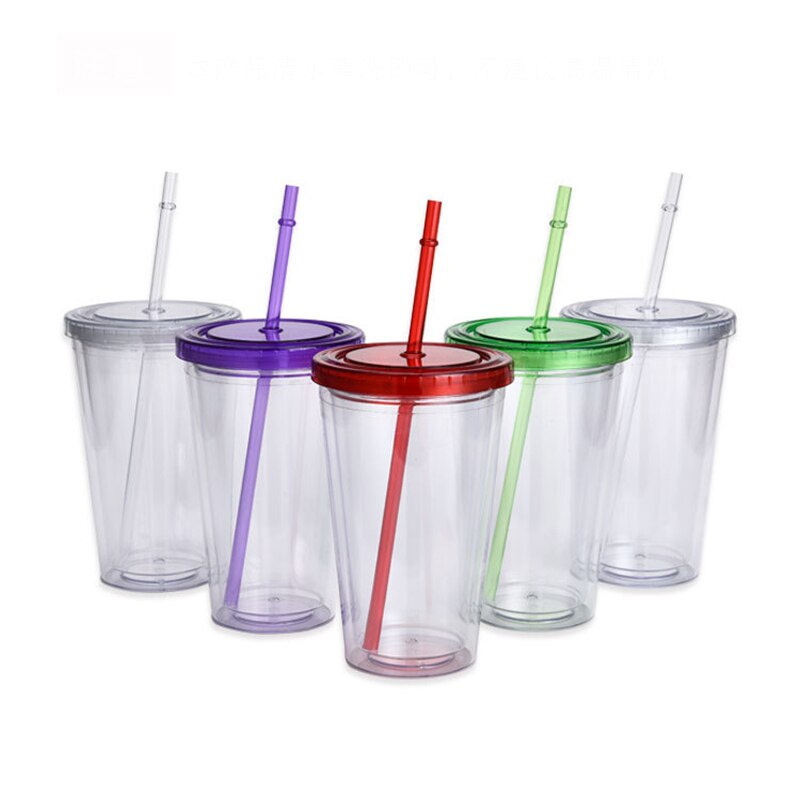 Vasos acrílicos transparentes de doble pared, vaso de plástico con pajillas, reutilizable, para bebidas frías y zumos, 16oz