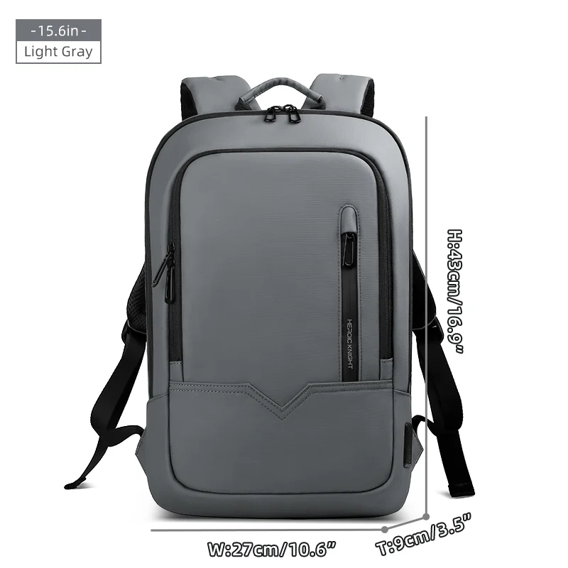 Mochila delgada HK para hombre, bolso para ordenador portátil de 15,6 pulgadas, bolso escolar impermeable con carga USB, mochila de viaje ligera, paquete de trabajo universitario: Gris claro
