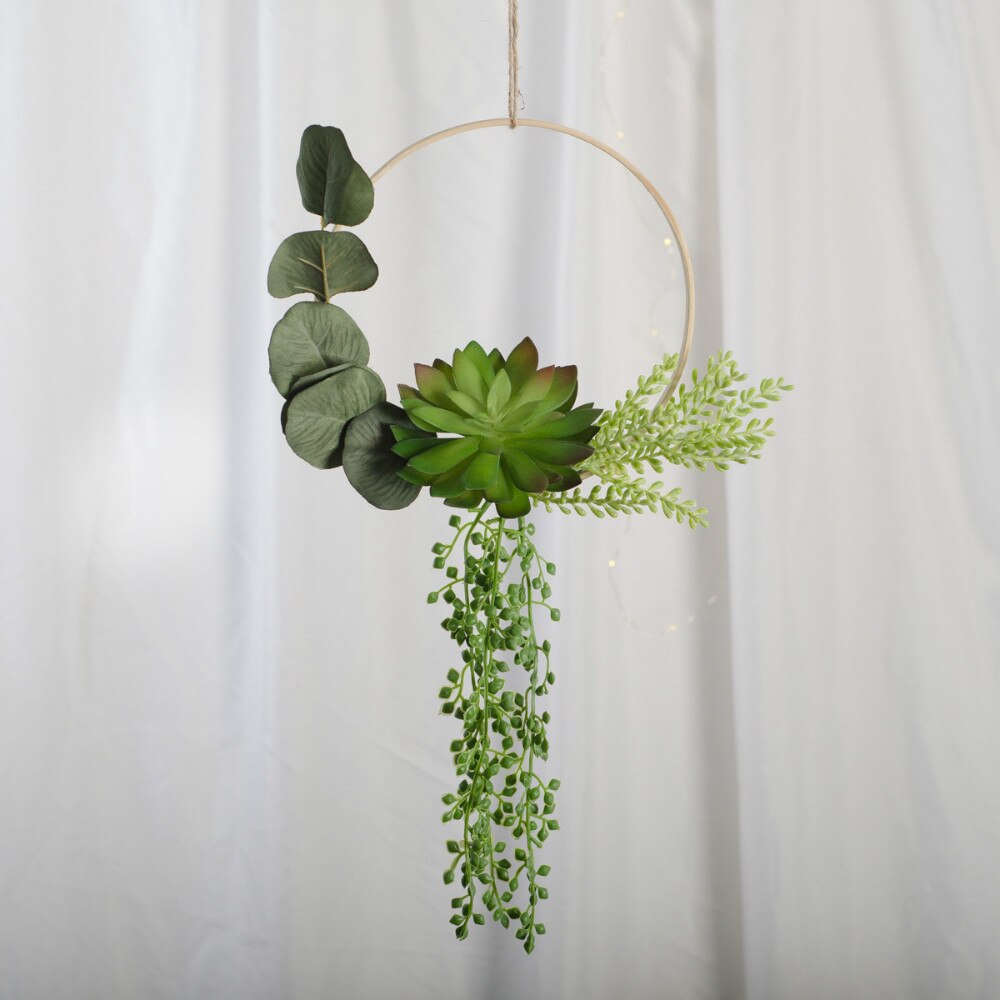 Cilected INS Artificial Green Plants Succulent Bamboo Ring Wall Hanging Home Hotel Shopping Mall Wall Decor Plastic Wreath: WT093-7
