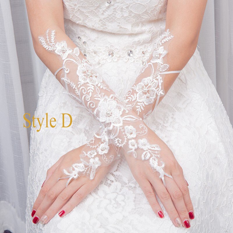 Guantes largos elegantes sin dedos para boda tul transparente perlas cristales Apliques de encaje guantes de mujer para novia: Style D