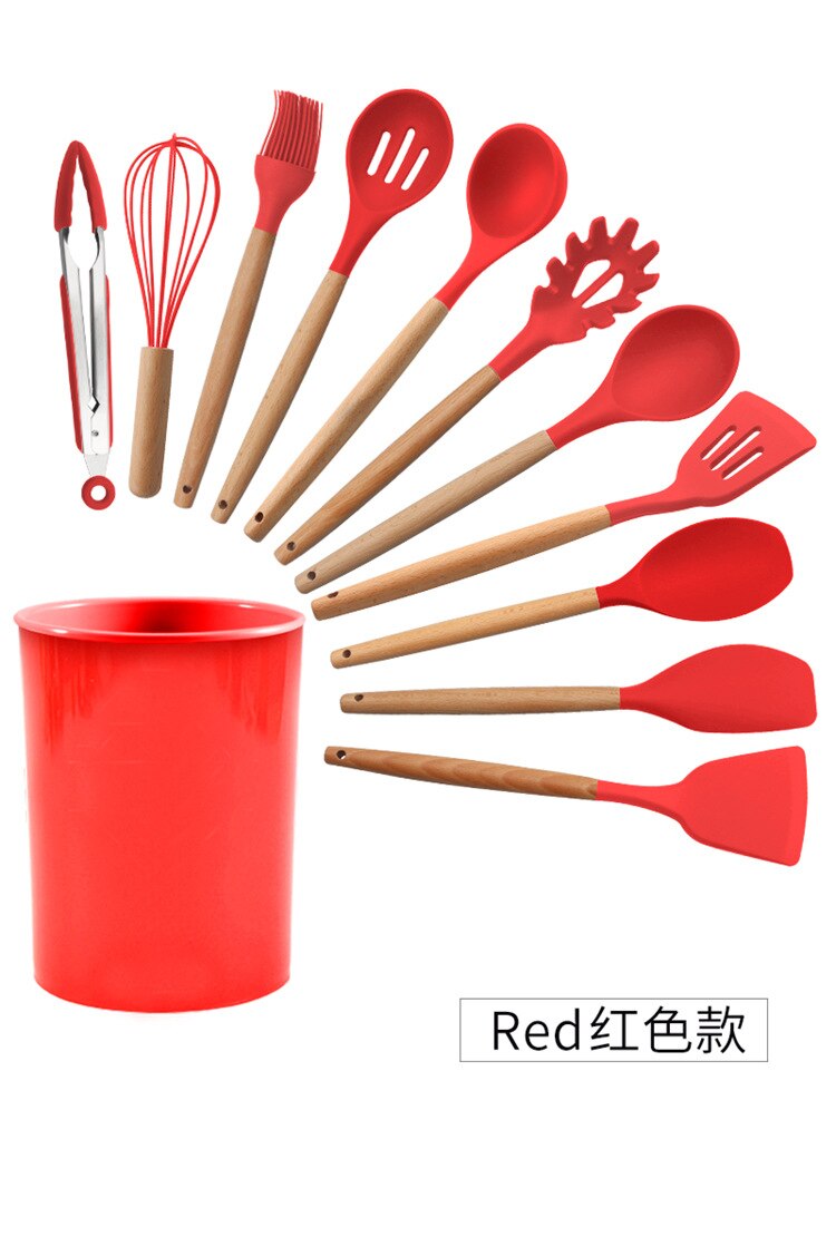 Silicone Cooking Utensils Set Non-stick Spatula Shovel Wooden Handle Cooking Tools Set With Storage Box Kitchen Tools: Red