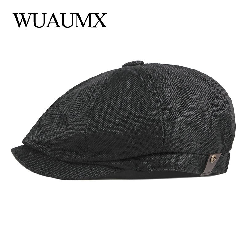Wuaumx Newsboy Cap Men Spring Summer Octagonal Hat For Male British Herringbone Flat Caps Retro Eight blade Hats Breathable