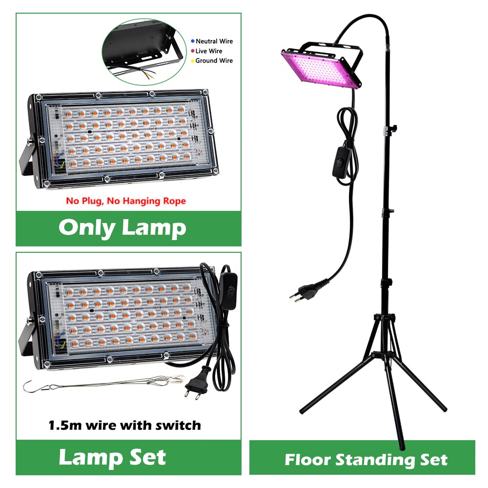 LED Grow Lights for Indoor Plants AC 220V Phyto Lamp with Stand 50W 100W 200W Full Spectrum Plant Flood Light for Veg Greenhouse
