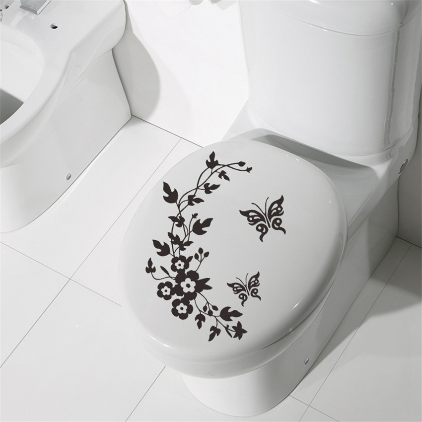 Pegatina de mariposa y flor para inodoro, pegatinas extraíbles de pared para habitación de niños, papel tapiz para decoración de inodoro, 1 ud.: Negro