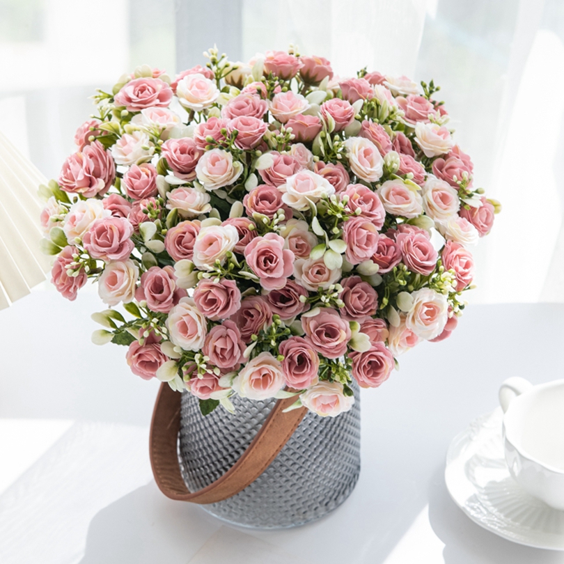 5 fork 15Head Silk Rose For Wedding arch Christmas Wreath Decoration Home Living Room bonsai Photography prop Artificial Flowers