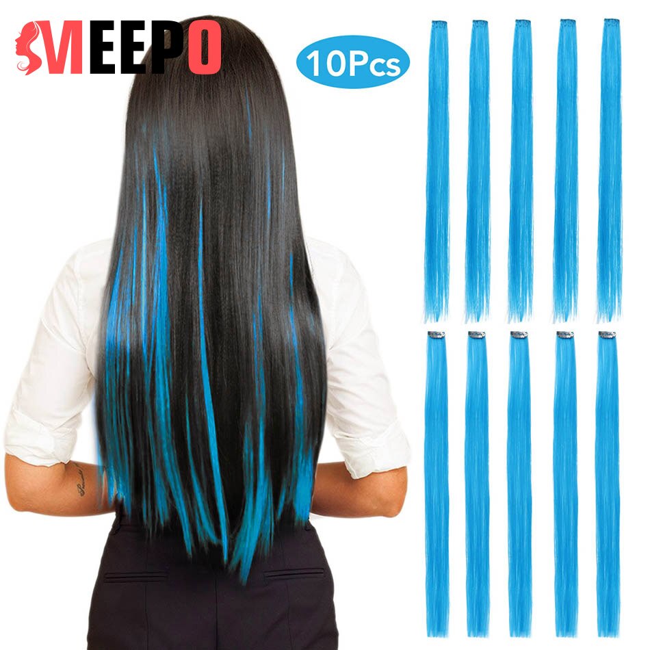 MEEPO Synthetic Hair Extensions 24 Inches Long Straight Hair 10Pieces/Set Colored Highlight Clip-In One Piece Pure Color: Sky Blue