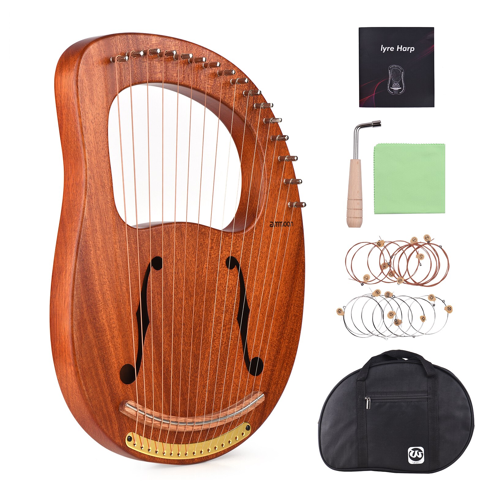 ammoon 16-String Wooden Lyre Harp Metal Strings Wood String Instrument with Carry Bag Tuning Wrench Cleaning Spare Strings Cloth