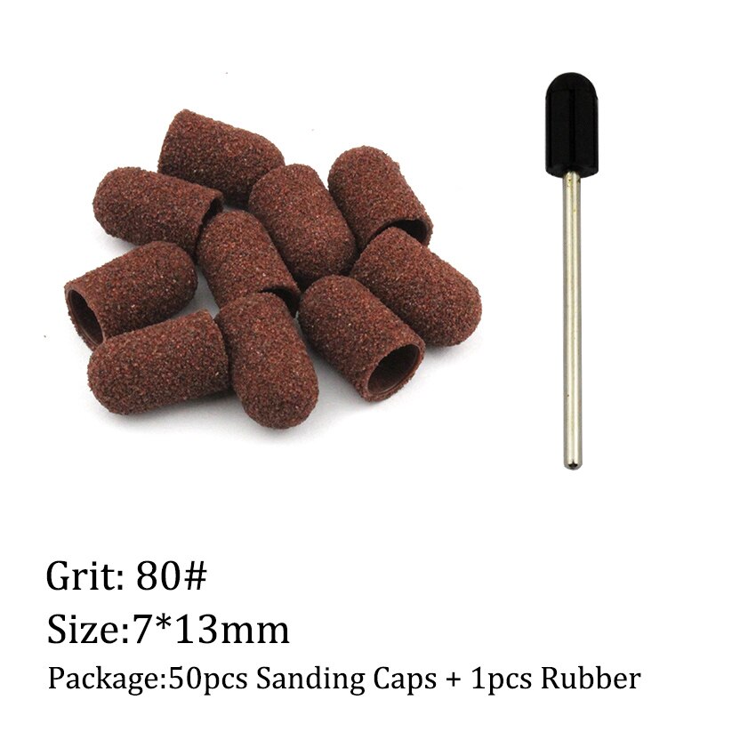 50 stk/sæt 80#  korn negle slibehætter gummi greb pedicure polering sand blok elektrisk bore tilbehør bit manicure værktøj: 7mm-80