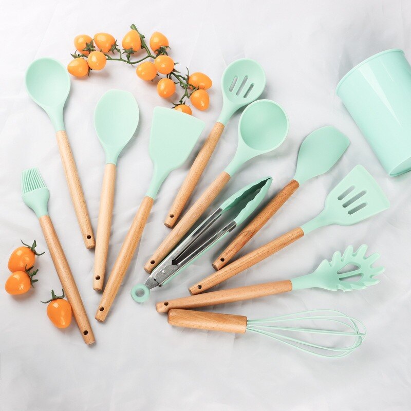 12 st silikon köksredskap set non-stick spatel spade trähandtag köksredskap med förvaringslåda kökstillbehör