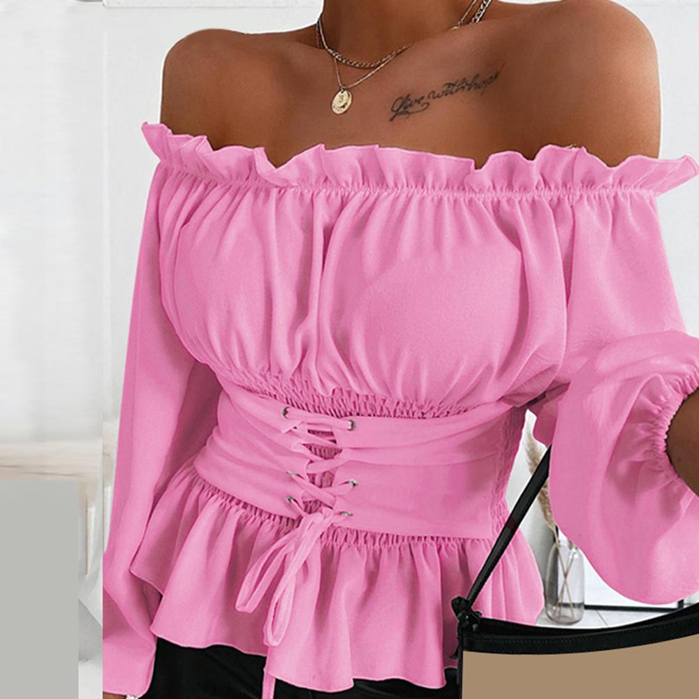 Kvinnor skjortjacka kappa höst casual enfärgad långärmad volang nederkant off shoulder toppblus