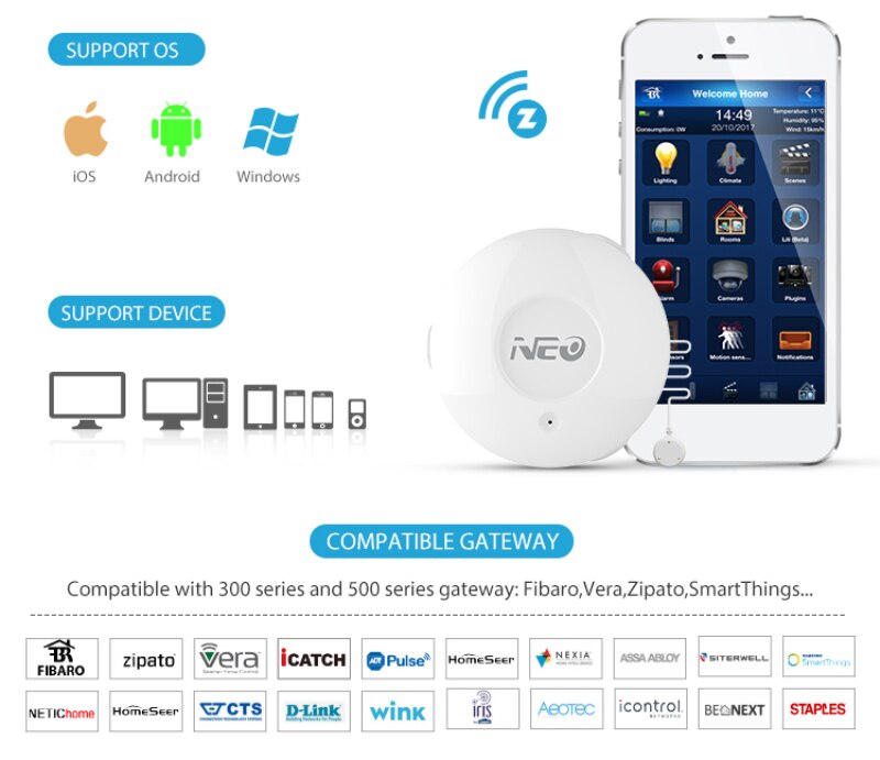Smart Home Z Wave Plus Waterlek Sensor Z-Wave Eu 868.4Mhz Serie Water Lekkage Detector Met remote Probe Waterbestendig