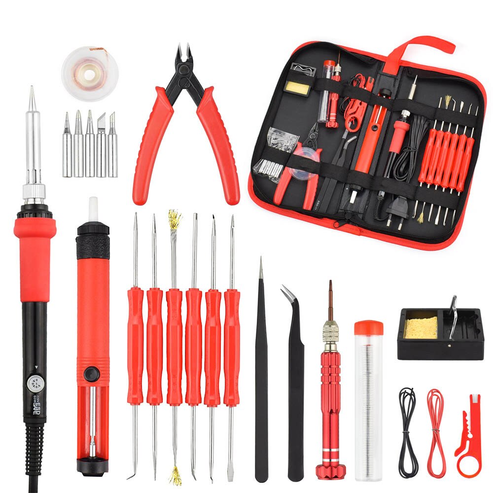 NEWACALOX Adjust Temp EU/US 60W ESD Soldering Iron Kit Welding Tool Set with Multimeter Glue Gun Solder Assist Set Repair Tools: T02R-13PC / EU