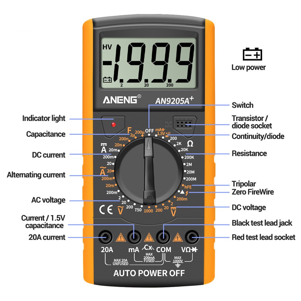 ANENG DT9205A+Digital Multimeter LCD Display Manual Range AC DC Resistance Capacitance Transistor Tester Ammeter NCV Test Meter