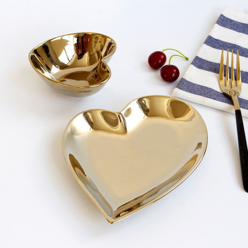 Heart Shape Ceramic Plate Bowl Irregular Electroplating Gold Porcelain Dinnerware Romatic Breakfast Snack Dishes Plate