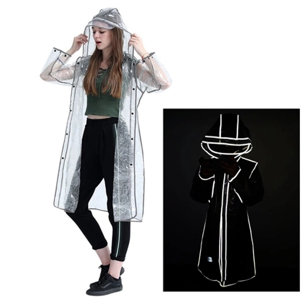 Women Reuseable Hooded Raincoat Rainy Day Reflective Lightweight Transparent Hooded Raincoat Waterproof Outside Portable Coats