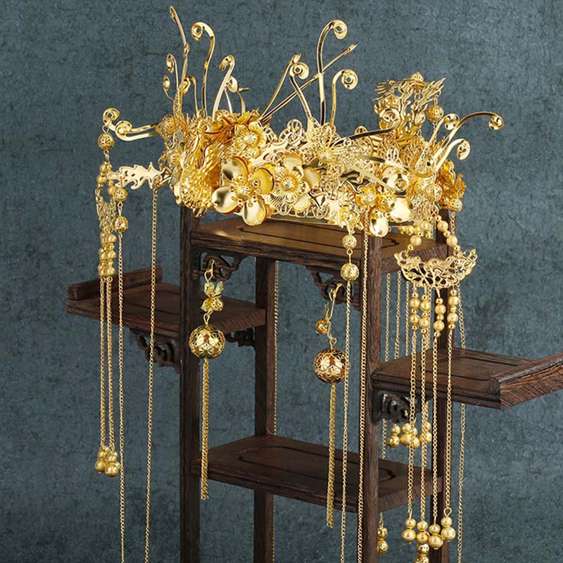 Traditional Ancient Chinese Headwear Jewelry Set Gold Phoenix Step Shake Tiara Crown Long Tassel Earrings for Bride Wedding