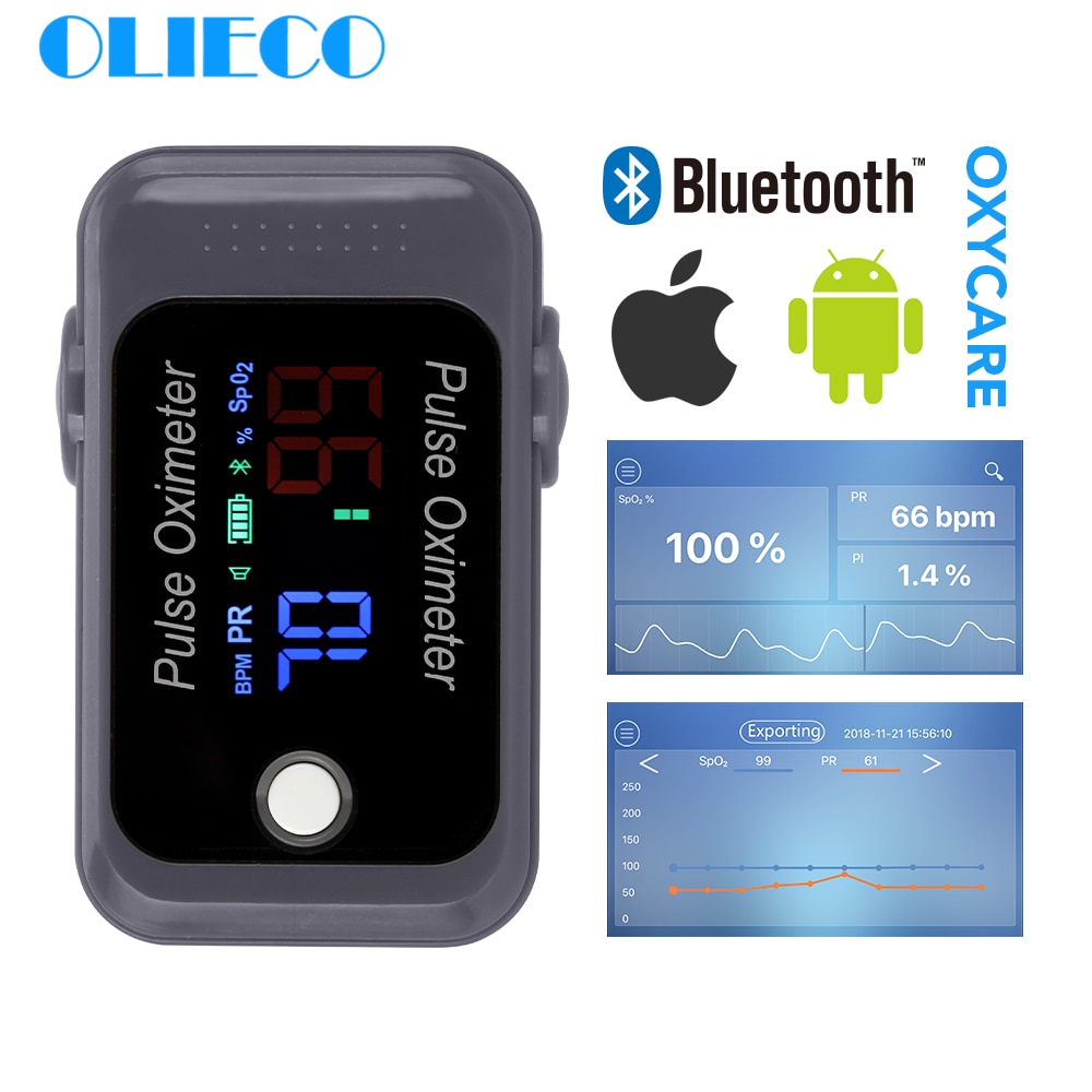 OLIECO Draagbare Mini Android iOS Bluetooth Vinger Pulsoximeter Blood Oxygen Sturation Meter SPO2 PR Saturatiemeter Monitor Kerst