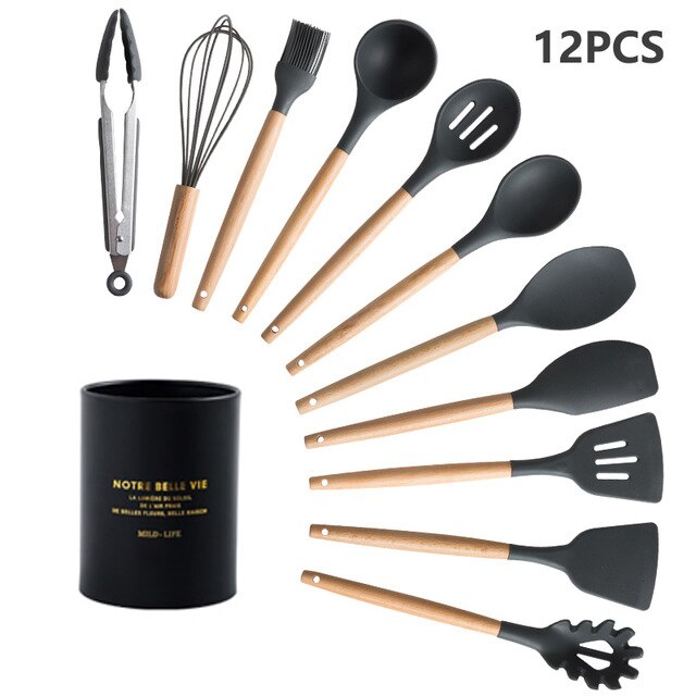 12 pièces/ensemble Silicone ustensiles de cuisine cuisson antiadhésive spatule pelle pinces soupe louche manche en bois inox boîte de rangement: Black