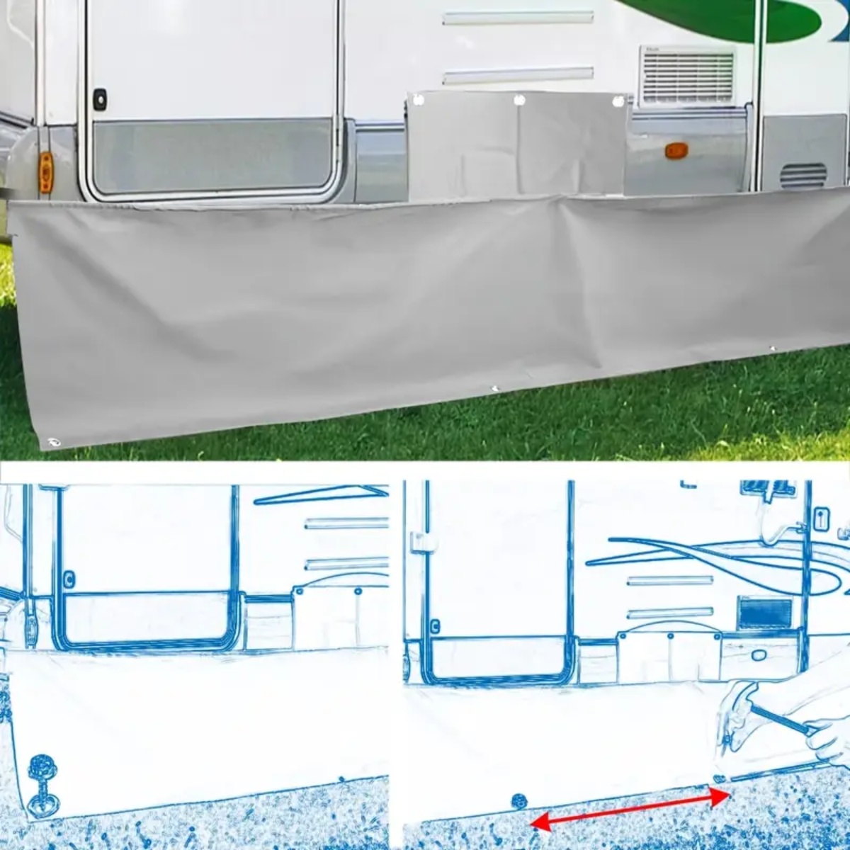 Tochtstrook voor caravanluifel, 7m cm lang,  x 50cm cm diep, met wielkastafdekkingen en zuignappen, beschermt tegen stof, wind en regen van de camper.