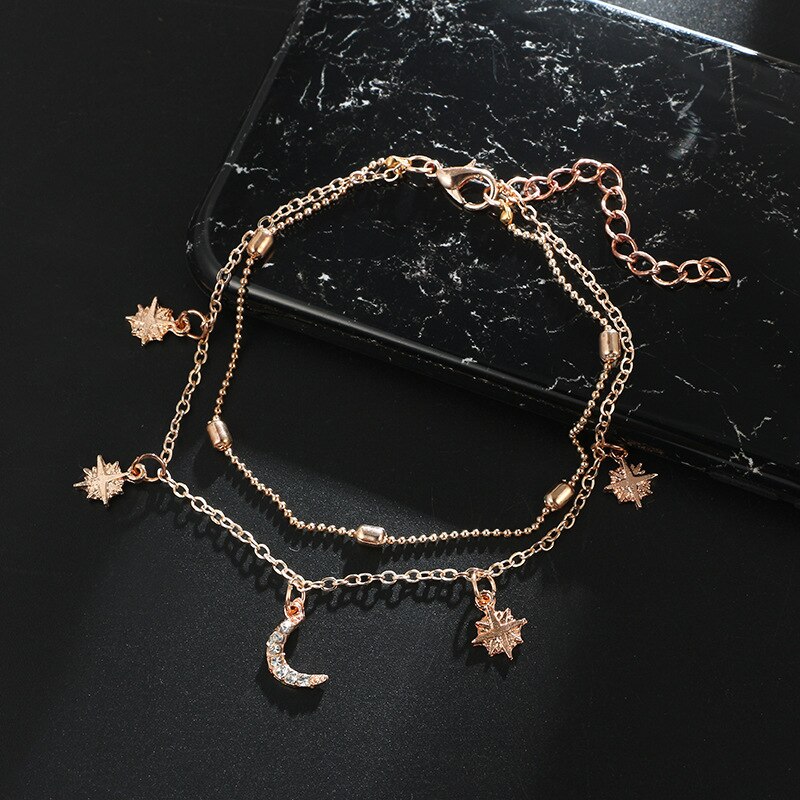 Conjunto de pulseras tobilleras bohemias con cuentas multicapa, con colgante de luna y estrella, pulseras de cadena para mujer, joyería para el tobillo Pie, de 2 uds