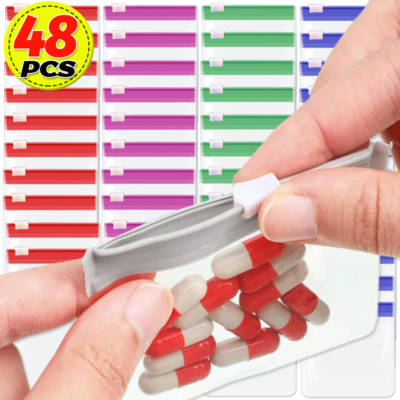 Mini bolsas dispensadoras de pastillas, bolsa de joyería de viaje portátil con cremallera deslizante, organización de almacenamiento impermeable autosellante, 7/48 Uds.