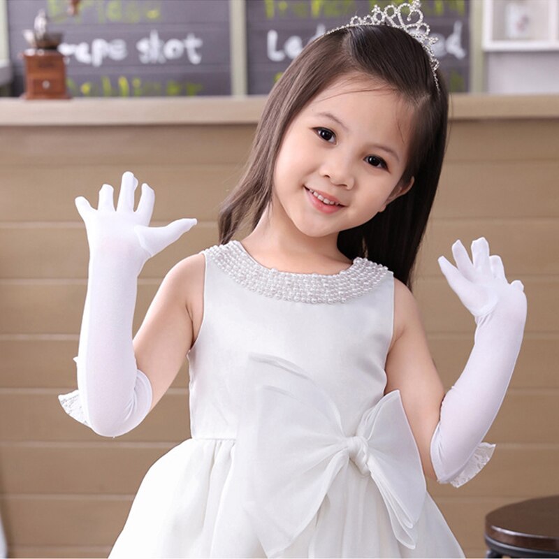 Guantes largos de princesa para niña, manoplas de boda para nocturna, guante para niño, guantes de rendimiento con lazo de encaje de perlas para cumpleaños