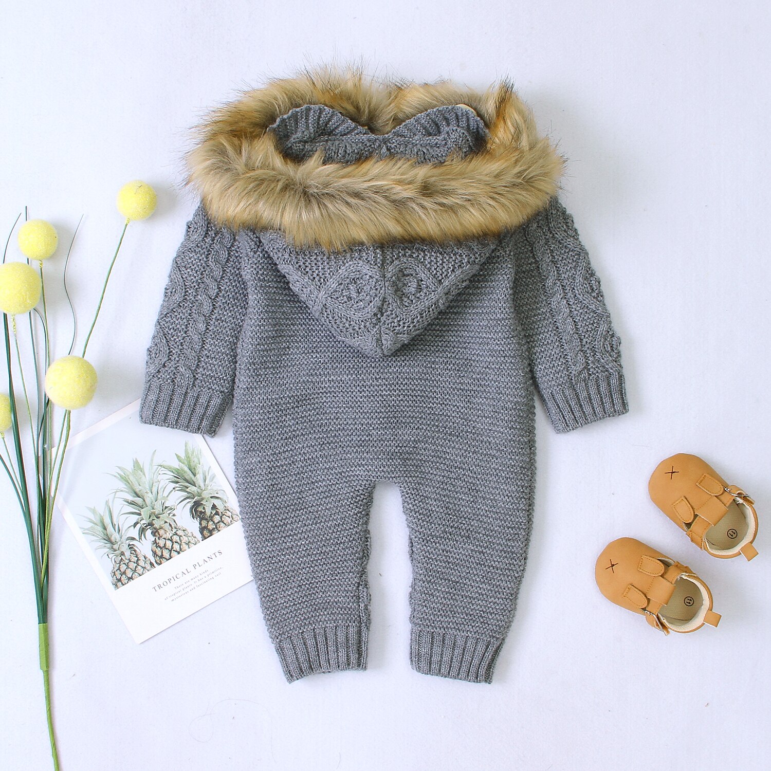 Mise au point 0-18M hiver bébé garçons barboteuses solide à manches longues simple boutonnage fourrure à capuche tricot combinaisons