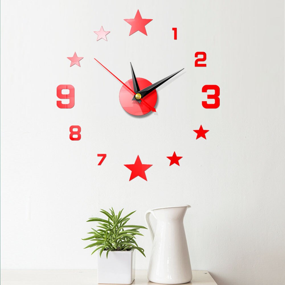Acrylic wall Clock Home Decorative Wall Clock DIY Strip Rectangular Mirror Wall Sticker: Red