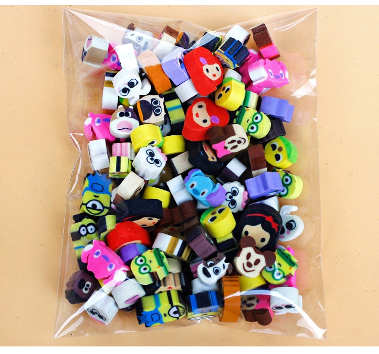 100 pcs/ lot mixed small size TPR cartoon Rubber erasers Learning stationery Correction Supplies for kids