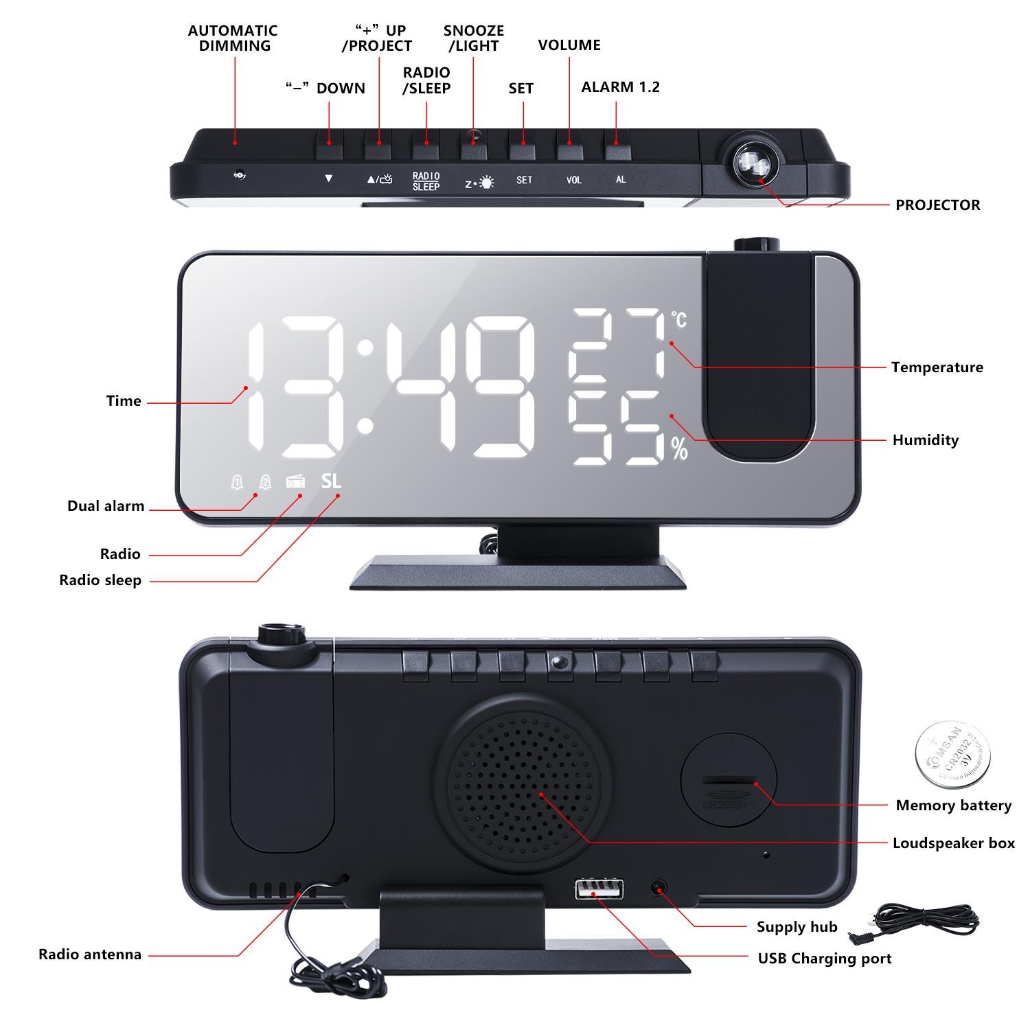 Reloj Digital de despertador con efecto espejo y luz LED para mesilla de noche y dormitorio, Despertador con USB, Radio FM, proyector de tiempo, reloj para mesilla de noche y dormitorio