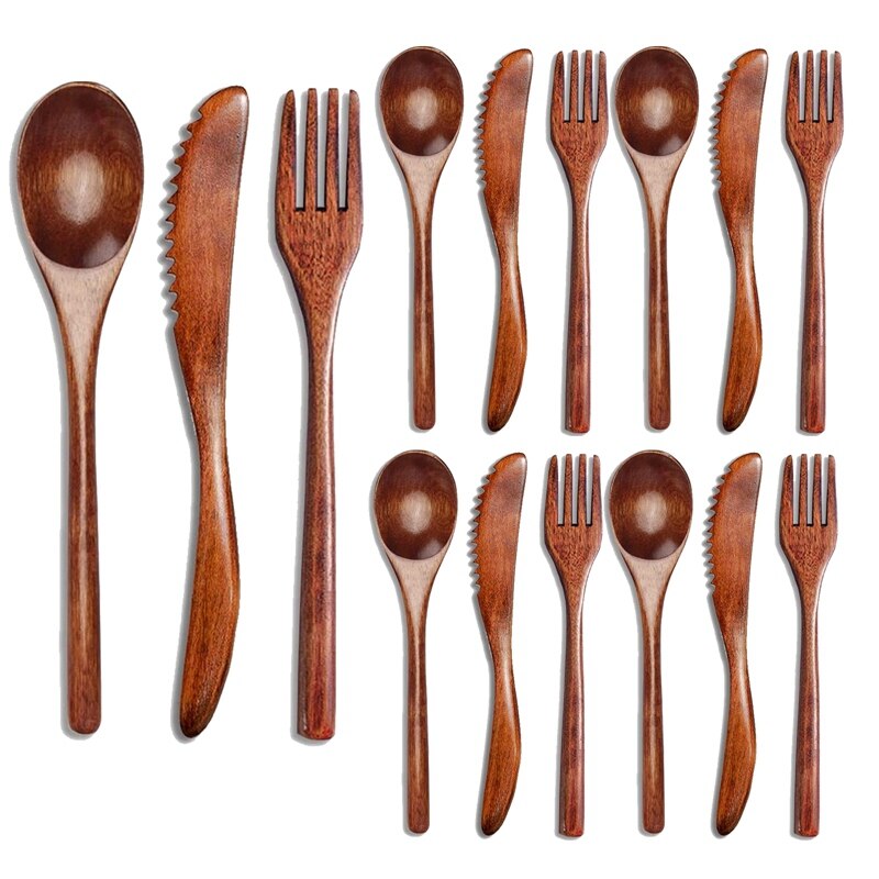 -15 Pcs Wooden Spoon Fork Knife Cutlery Set Wooden Dinner Utensil Set Kitchen Wooden Flatware Tableware Cutlery Set: Default Title