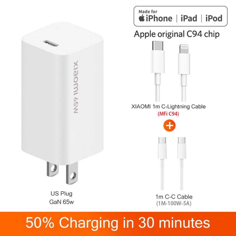 Xiaomi GaN 65W Travel Charger USB Type-C PD Quick Charge 5V/9V/12V/15V=3A 10V=5A 20V=3.25A for iPhone Xiaomi