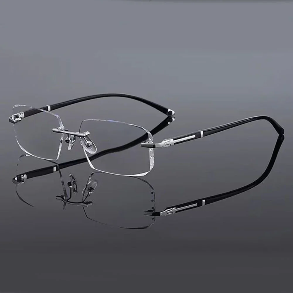 Miesten lukulasit, reunattomat, leikatut reunat, ikänäköiset lasit, sinisen valon esto, väsymystä estävät lasit, ikänäkö, kirkas linssi, lasit kuvalla: Läpinäkyvä / +150