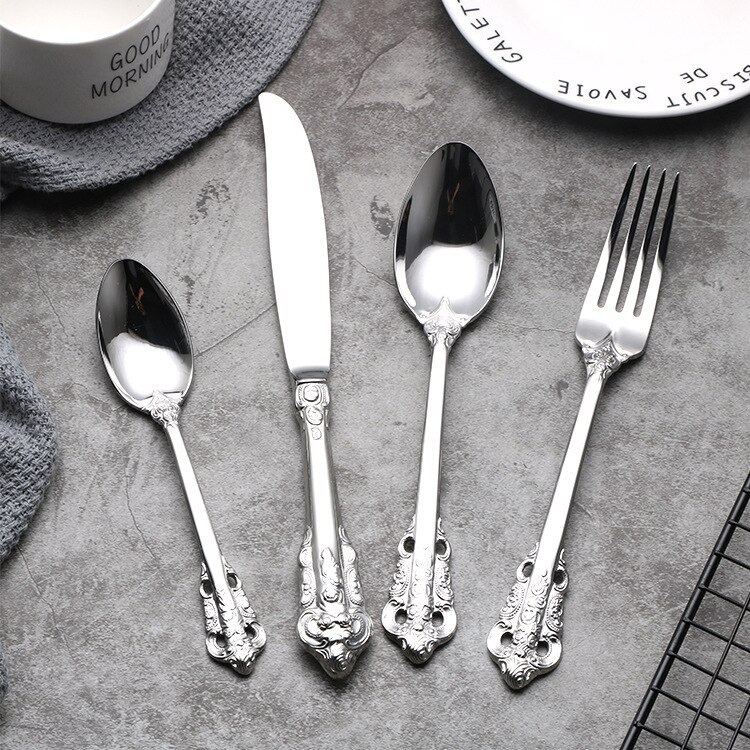 Spklifey servise sæt guld bestik gaffel rustfrit stål ske royal bestik gafler knive skeer køkken ske bordservice: Sølv 1 sæt