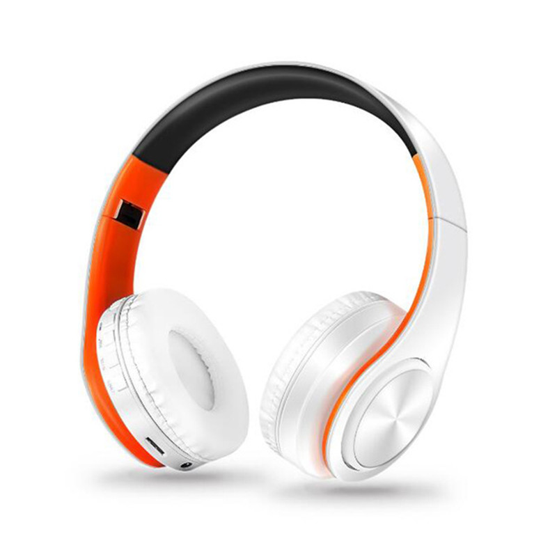 Colorful Wireless Earphones Bass Bluetooth Headphones Over-Ear foldable Headset handsfree with Mic for Gaming phone computer: White Orange