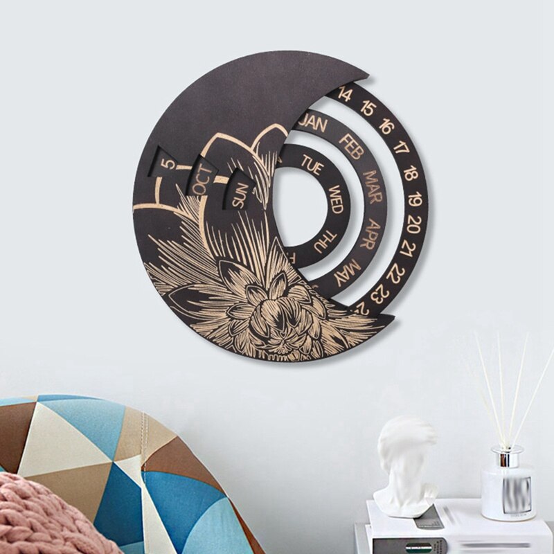 Wooden Round Perpetual Calendar Wooden Wall Calendar Wall Hanging Crafts Decorative Handicraft Decoration: Brown Gold