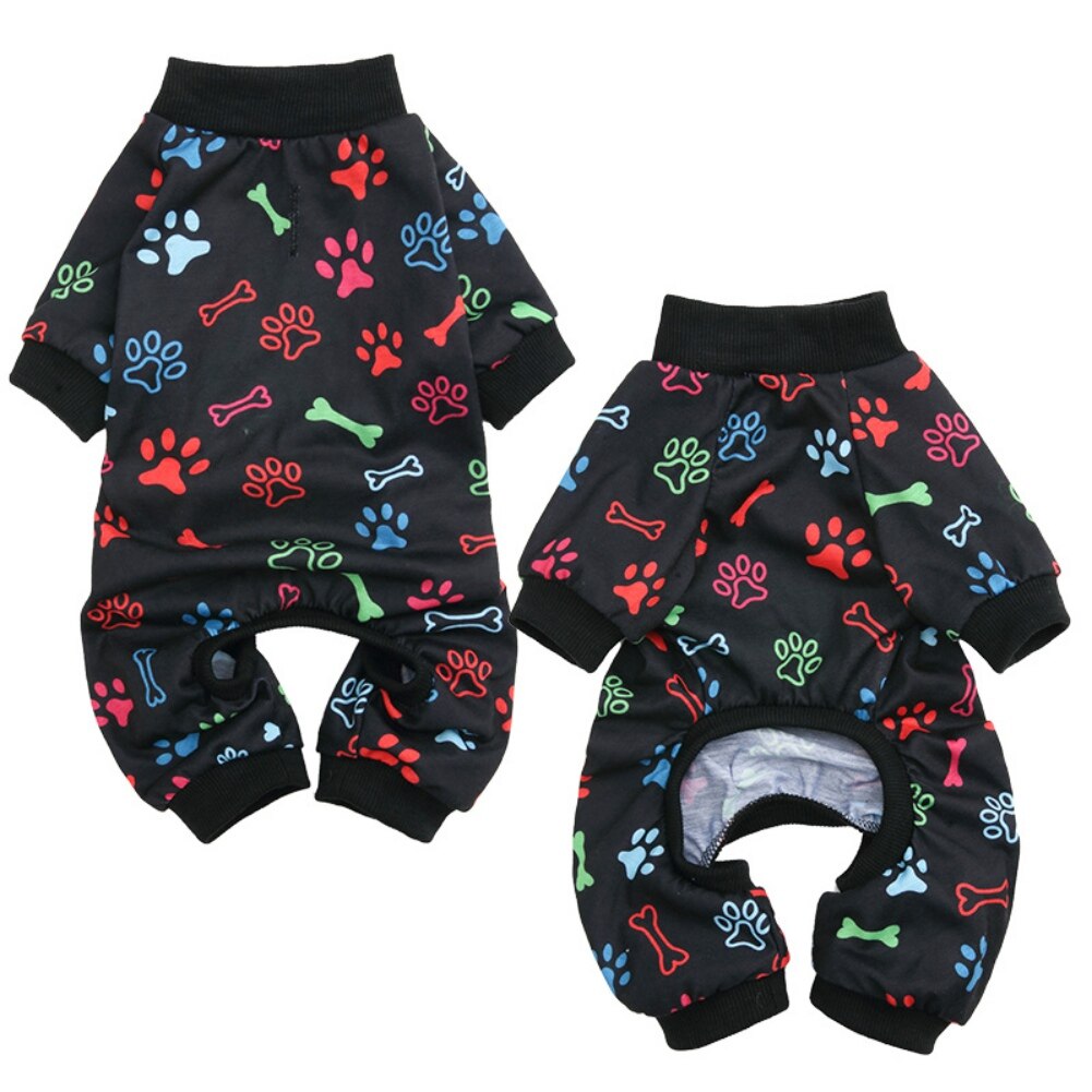 Primavera outono cachorro macacões pegadas imprimir animal de estimação traje roupas para filhote de cachorro gatinho macio respirável roupas suprimentos: Preto / M