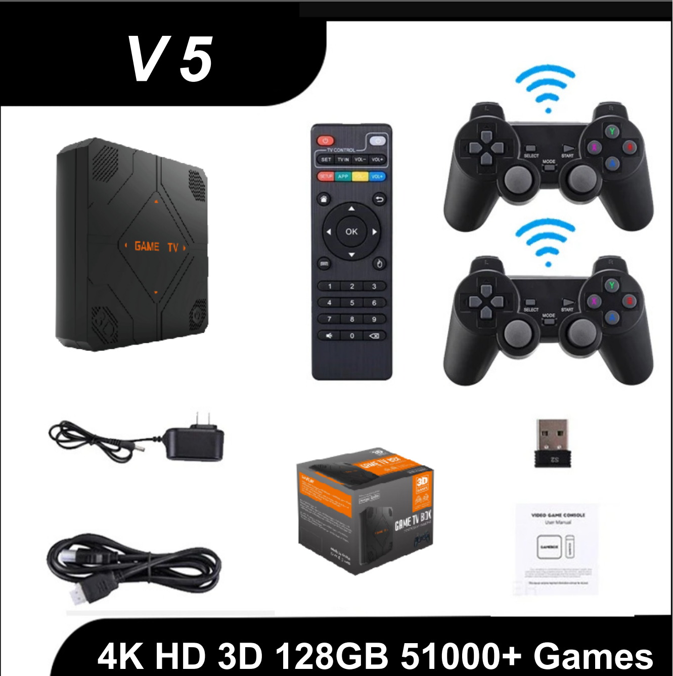 V5 64G HDMI Output Video Game Console with 45000 Built-in Retro Games Ultra Low Latency Wireless Controller TV Box: EU Plug