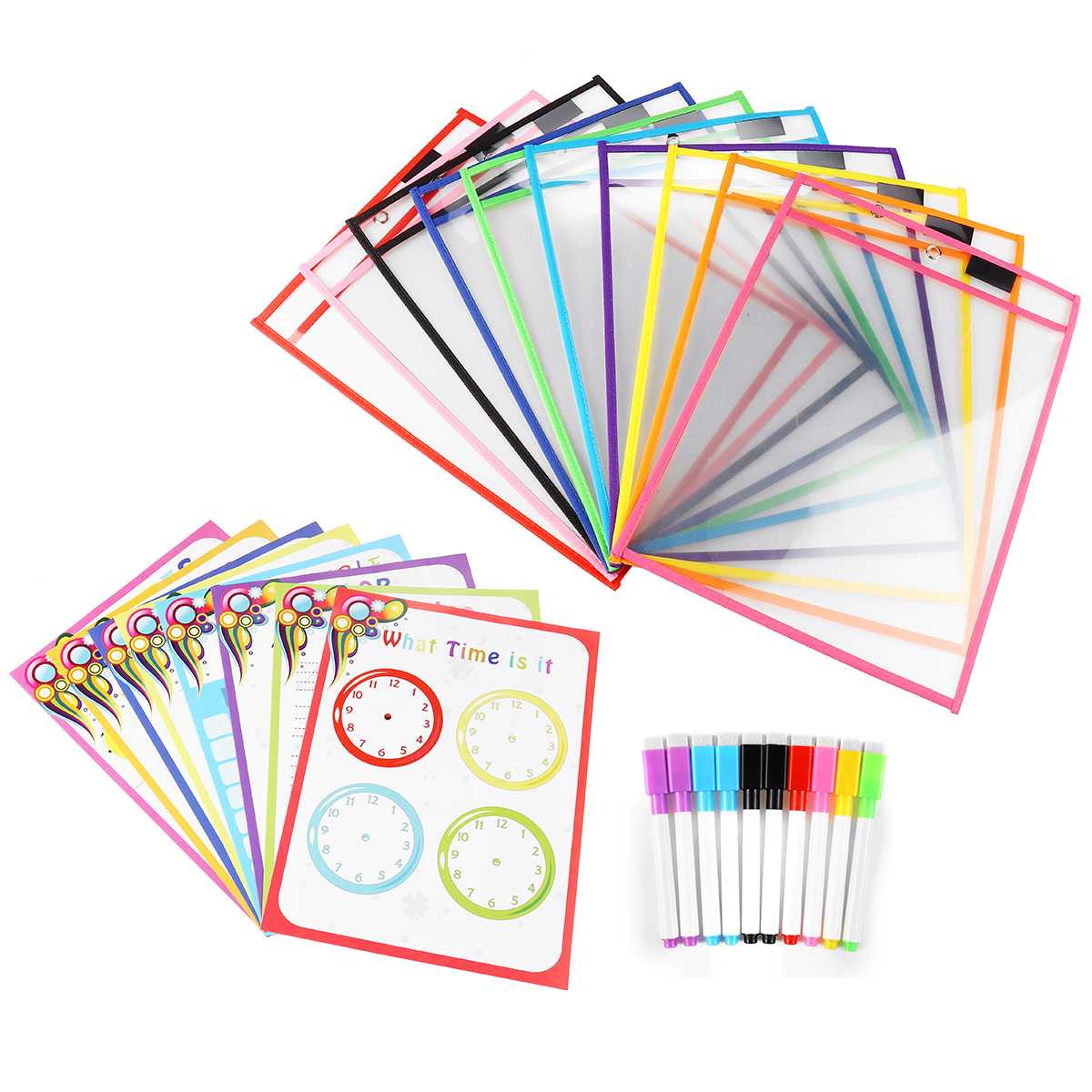 Reusable Dry Pockets Transparent Write And Wipe Drawing Board Classroom Teaching Erasable Pockets with Pens Question Sheet: 28Pcs