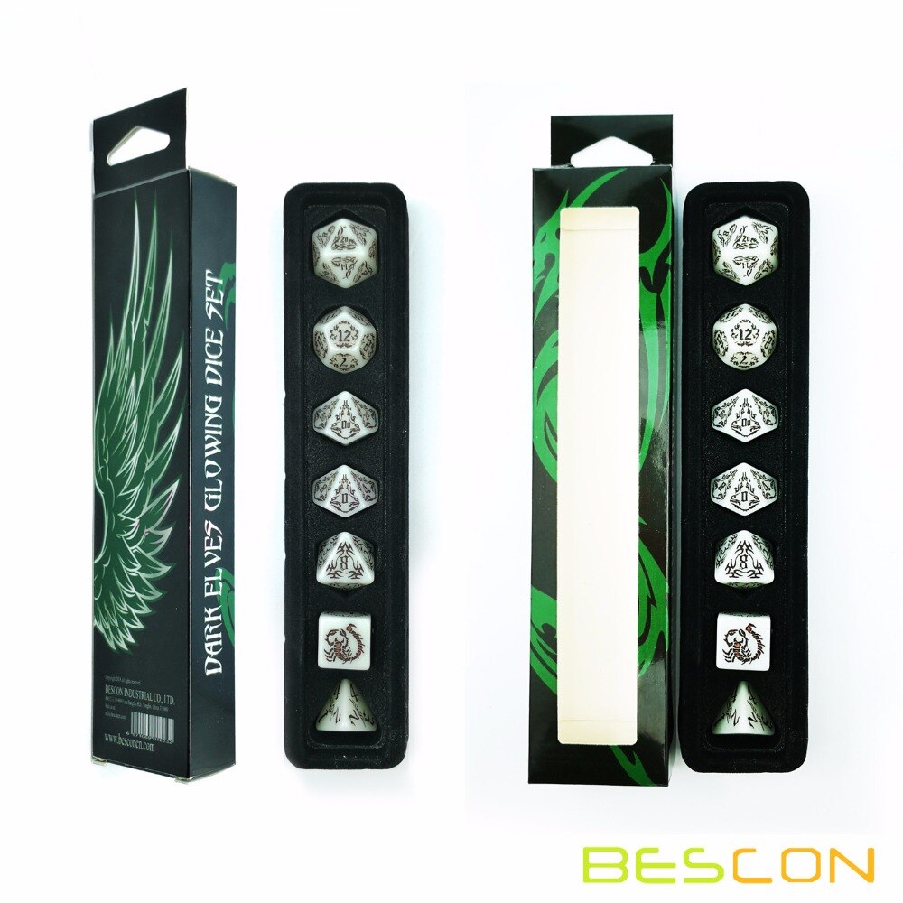 Bescon Dark Elves Glowing Dice Set (7 Stuk), oversized Glow In Dark Gesneden Role Playing Games Rpg Dobbelstenen Set