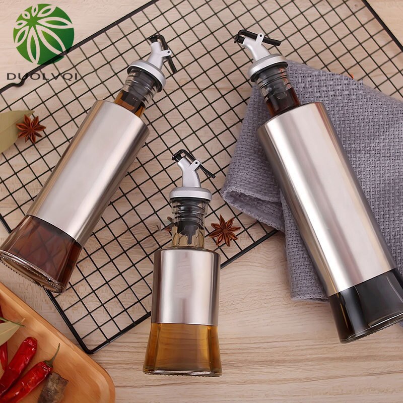 Botella de vidrio para cocina, recipiente de acero inoxidable para aceite, vinagre, vinagrera, almacenamiento, dispensador de salsa de soja, herramientas de cocina