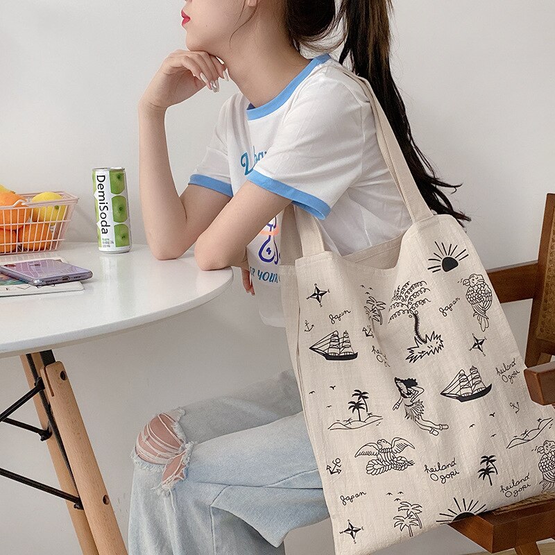 Cotton Linen Women Canvas Shopping Bags Eco Friendly Shoulder Bag Large Capacity Vintage Handbag Tote Butterfly Sailing Print: Sailing Canvas