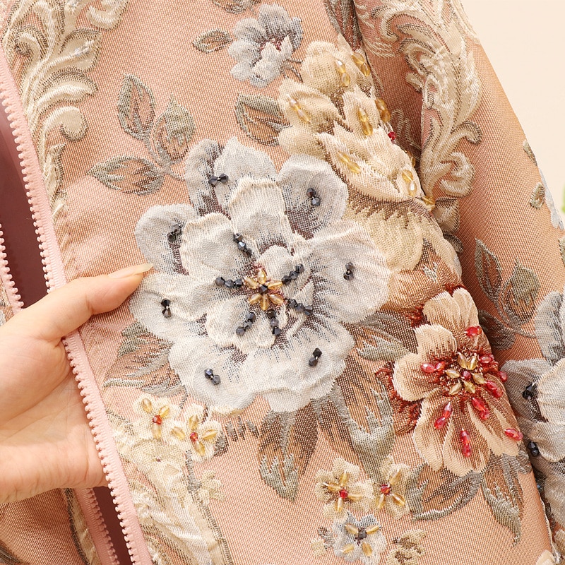 vintage Jacquard Satin embroidery jacket for woman beading floral embroidery long sleeve pink Baseball coat runway outfit