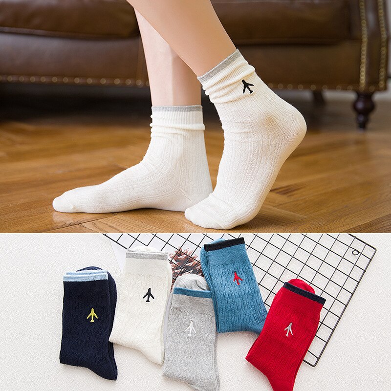 Embroidery Aircraft Airplane Women Men Business Dress Cotton Crew Socks Brand Novelty Funny White