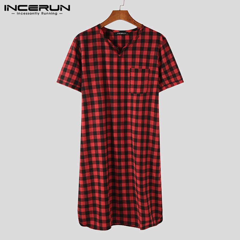 INCERUN Men Plaid Robes Homewear V Neck Short Sleeve Comfortable Leisure Nightgown Summer Soft Sleepwear Men Bathrobes S-5XL 7