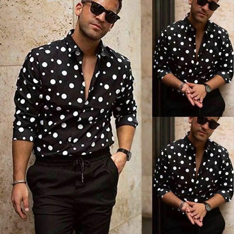 Men Shirts Long Sleeve Regular Fit Summer Beach Hawaiian Print Button Turn-Down Collar White Dot Shirts Tops Overhemden Heren