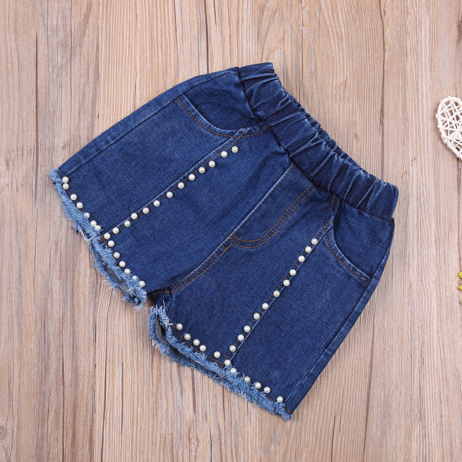 Aankomst Kinderen Meisje Broek Denim Shorts Zijzakken Decoratieve Parel Kralen Ruwe Zelfkant Bodems Shorts