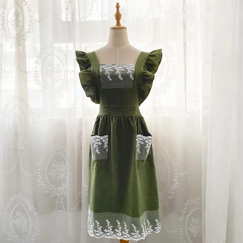 Drophanging-renda de linho algodão lavada Aventais, loja de flores, babados de jardim, avental para mulher, vestido: Verde exército