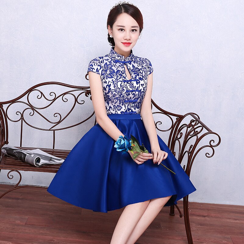 Qipao-Vestido corto de satén con cuello mandarín para mujer, Vestido corto plisado, Azul Real, estilo chino, tallas S, M, L, XL, XXL y A-121